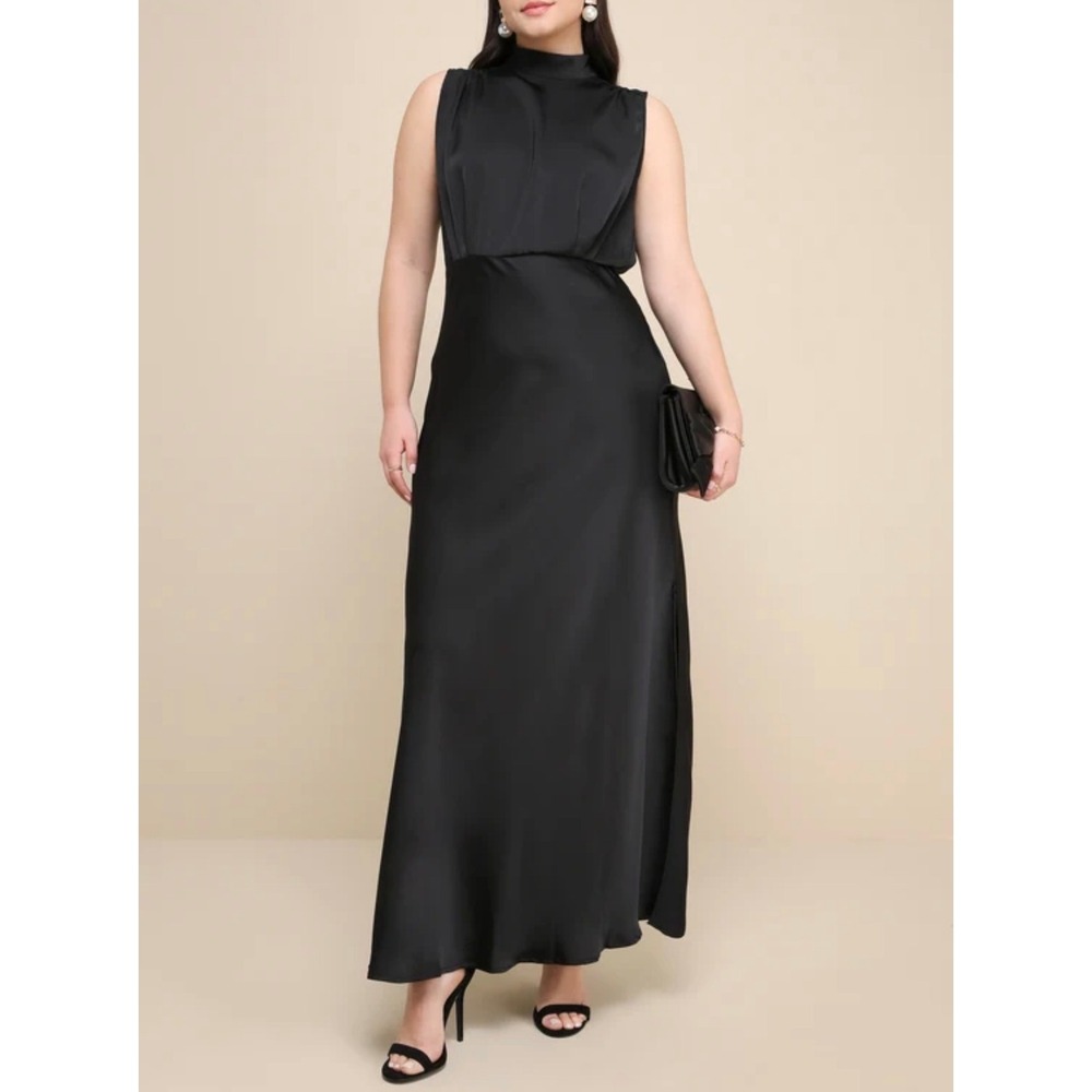Lulus Classic Elegance Black Satin Sleeveless Mock Neck Maxi Dress Small 2690